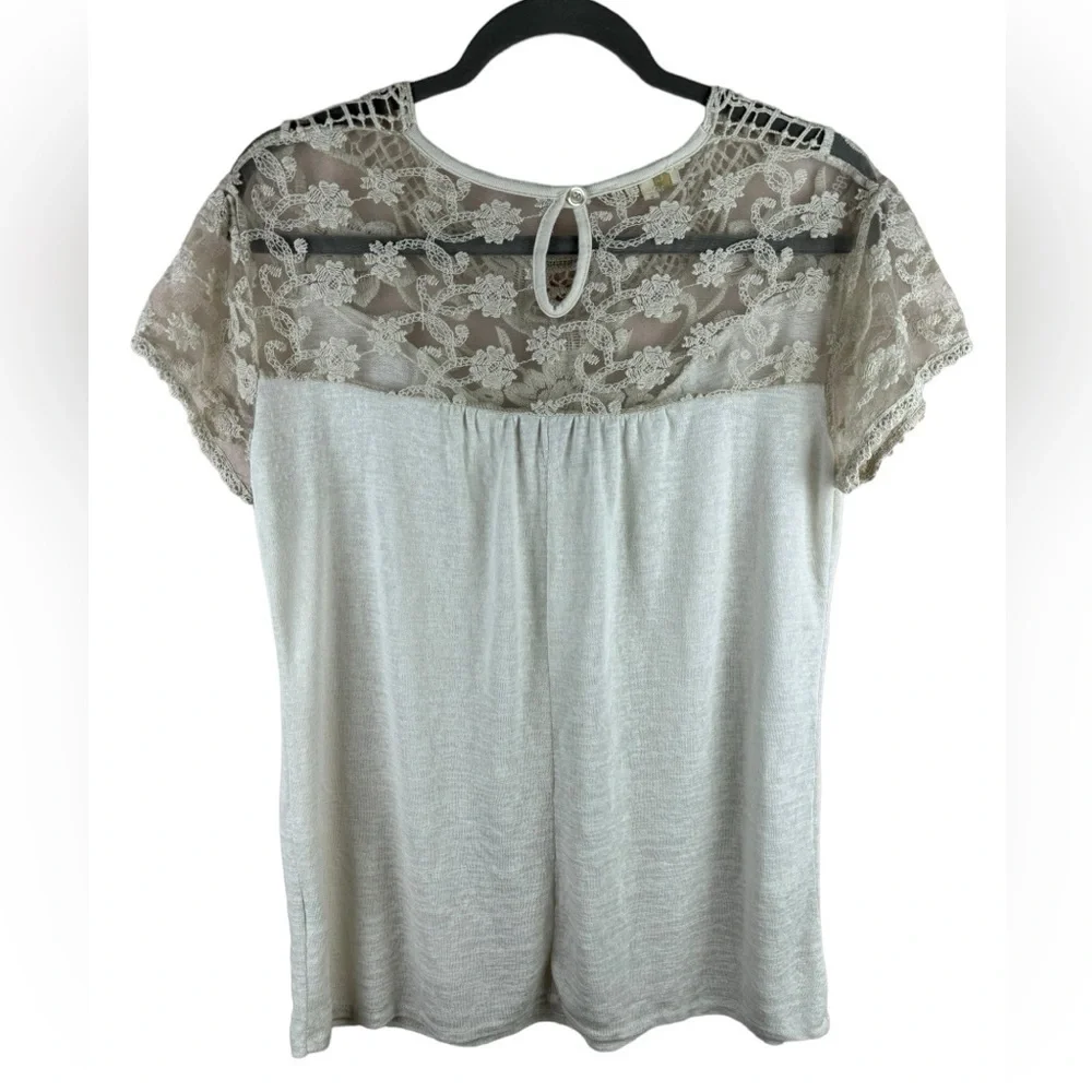 Ambra women’s beige ecru natural short sleeve lace flowy shirt blouse L Italy - Picture 2 of 8